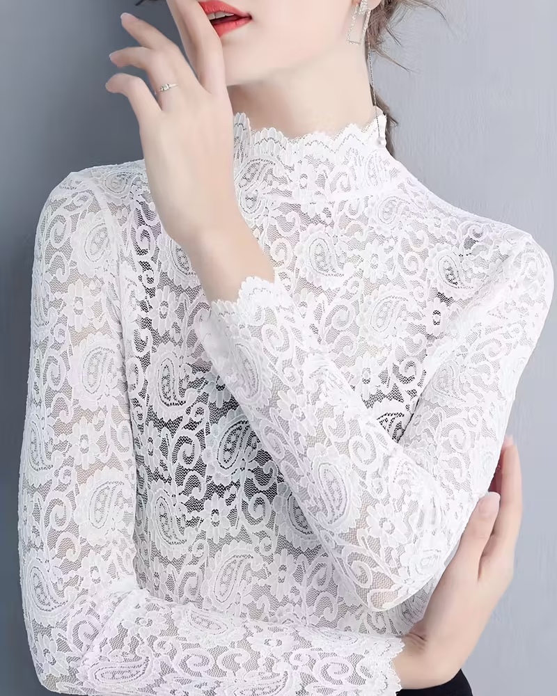 Haut Élégant Uni Encolure Demi-Longue Manches Longues Dentelle