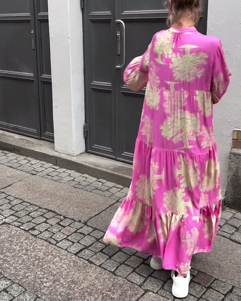 Robe patchwork ample imprimée à col en V et manches cloche