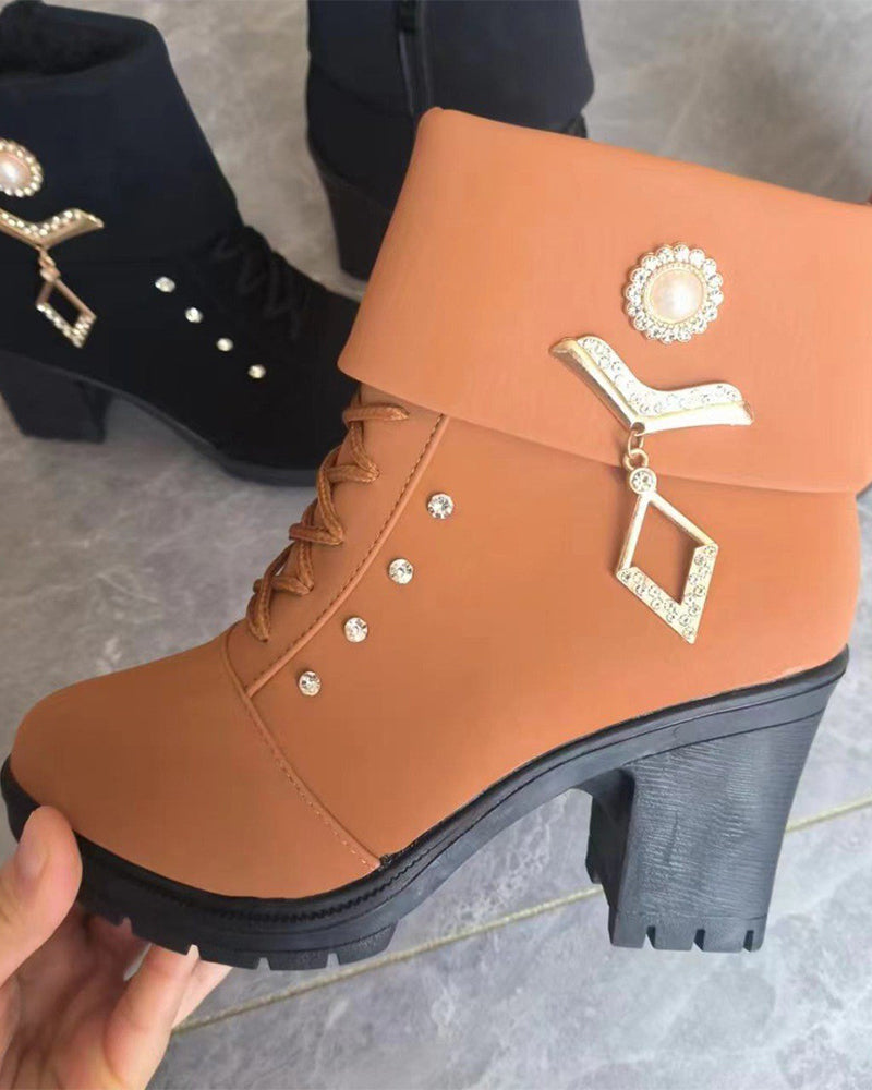 Bottines À Talons Larges Pour Femmes Avec Décor Strass