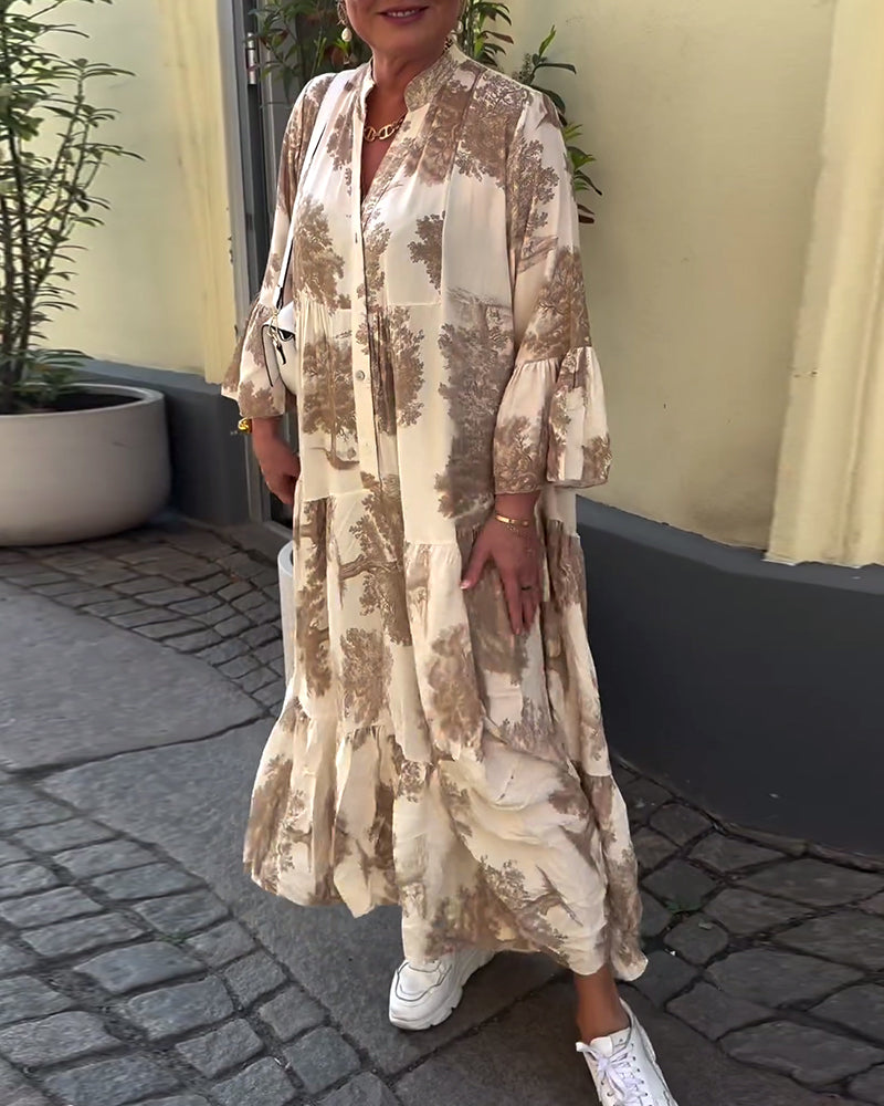 Robe patchwork ample imprimée à col en V et manches cloche
