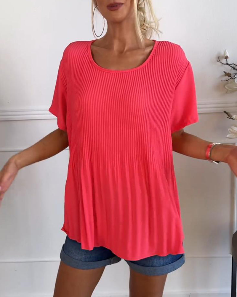 Blouse plissée col rond uni