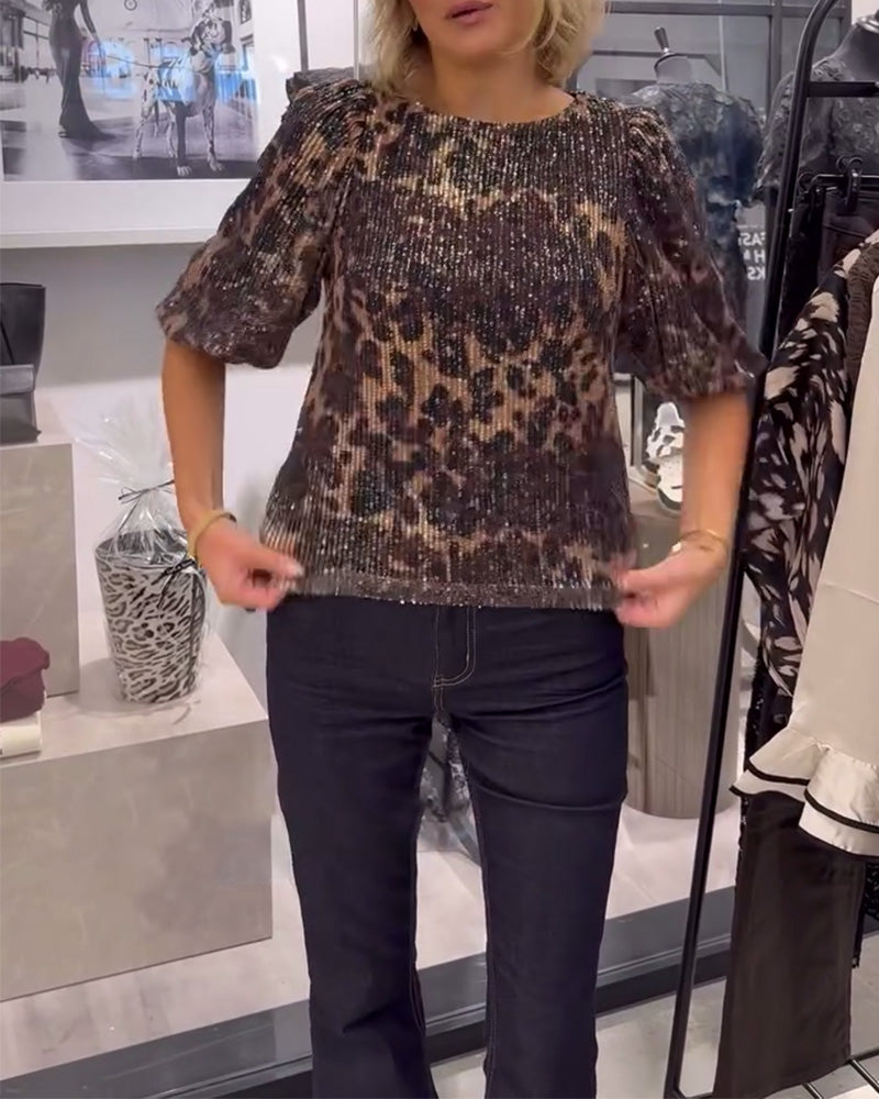 Blouse Manches Lanterne À Sequins Imprimé Léopard