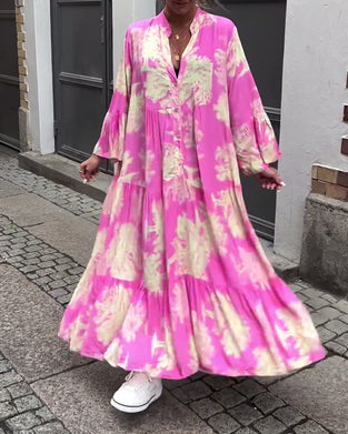 Robe patchwork ample imprimée à col en V et manches cloche