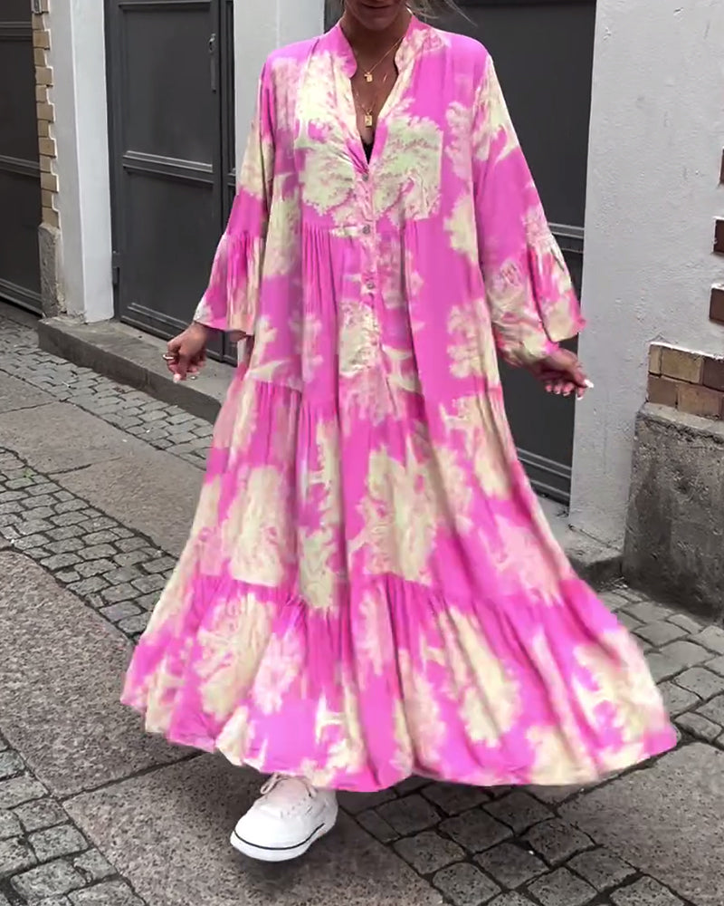 Robe patchwork ample imprimée à col en V et manches cloche