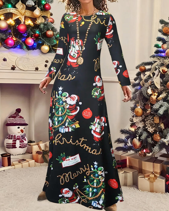 Robe Slim Noël Imprimé Manches Longues