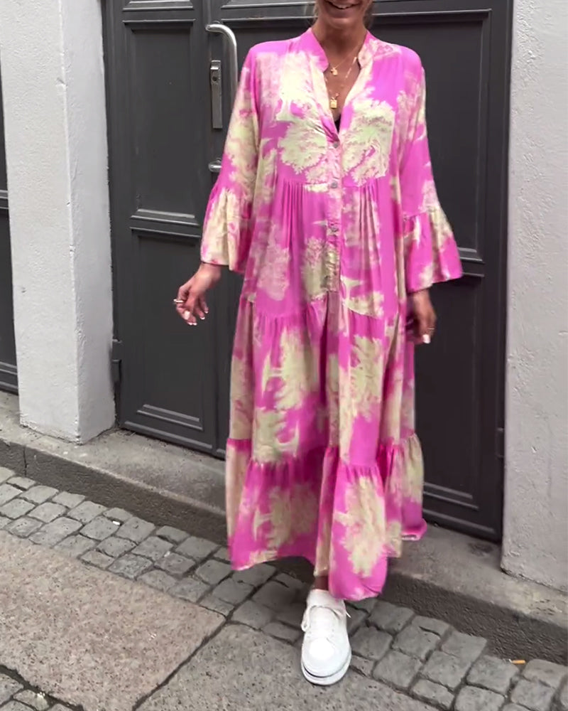 Robe patchwork ample imprimée à col en V et manches cloche