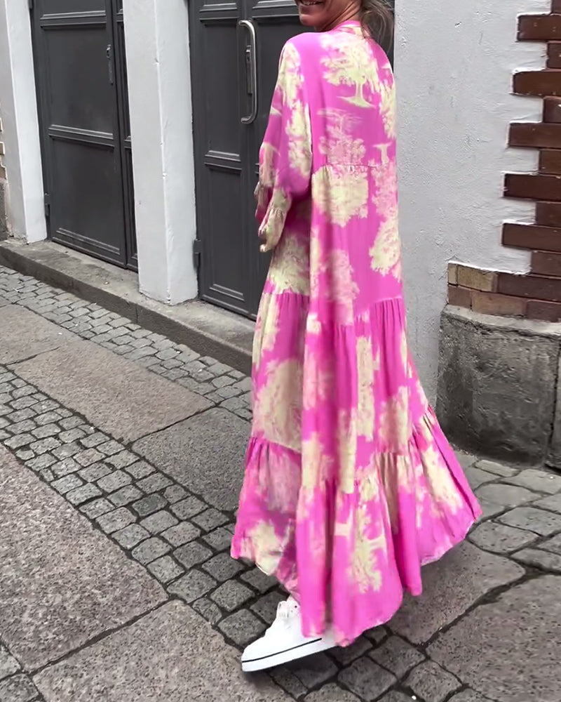 Robe patchwork ample imprimée à col en V et manches cloche