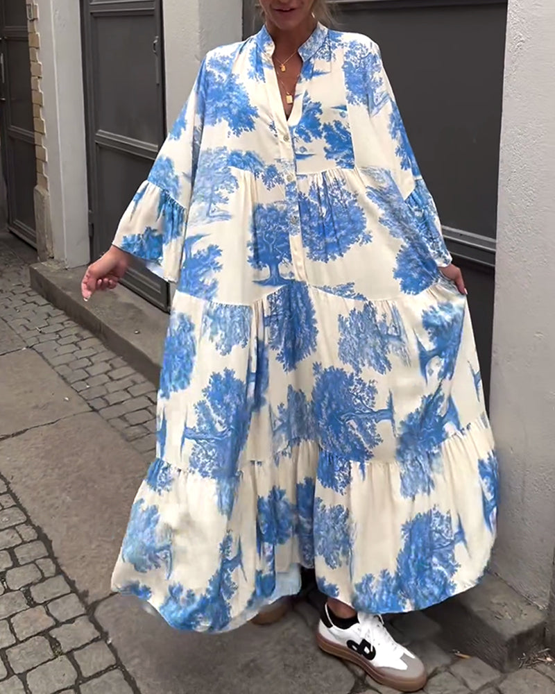 Robe patchwork ample imprimée à col en V et manches cloche