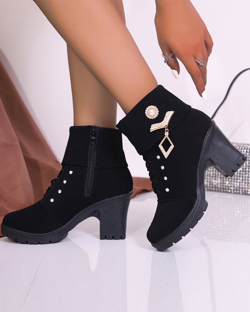 Bottines À Talons Larges Pour Femmes Avec Décor Strass