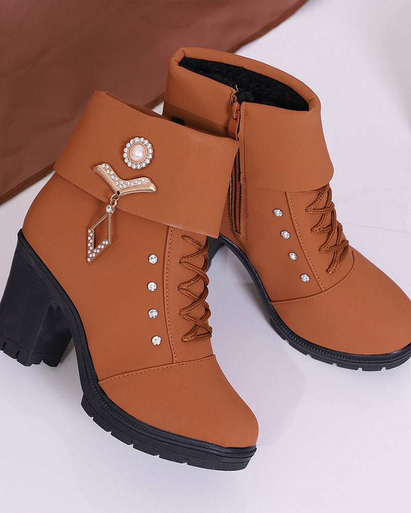 Bottines À Talons Larges Pour Femmes Avec Décor Strass
