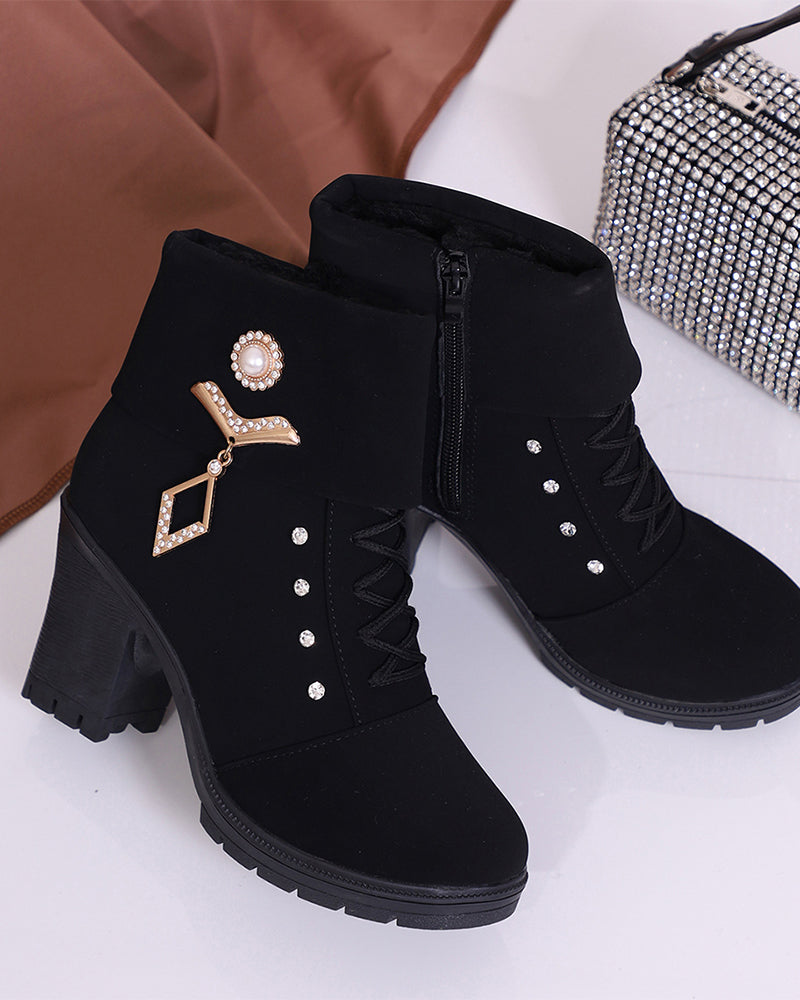 Bottines À Talons Larges Pour Femmes Avec Décor Strass