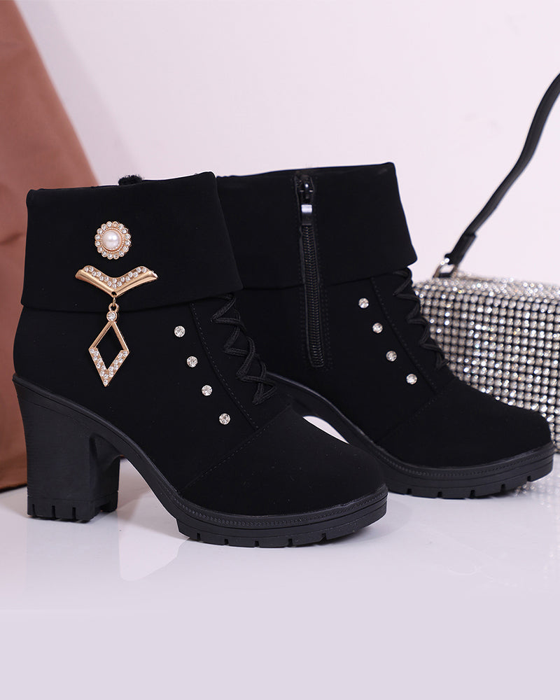 Bottines À Talons Larges Pour Femmes Avec Décor Strass