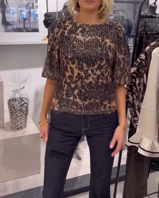 Blouse Manches Lanterne À Sequins Imprimé Léopard