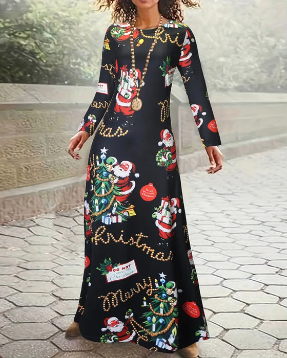 Robe Slim Noël Imprimé Manches Longues