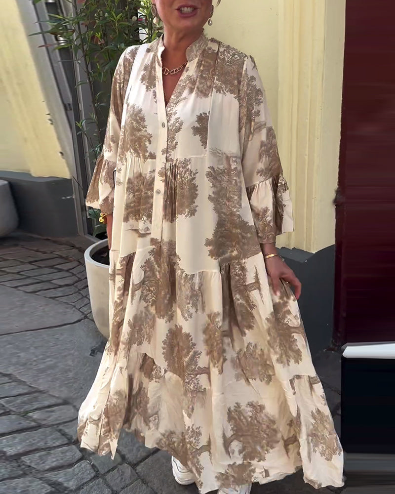 Robe patchwork ample imprimée à col en V et manches cloche
