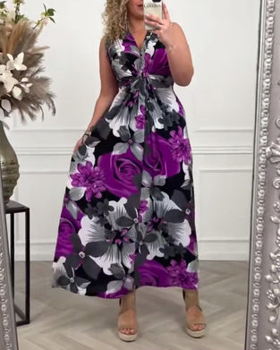 Robe élégante plissée sans manches à imprimé floral