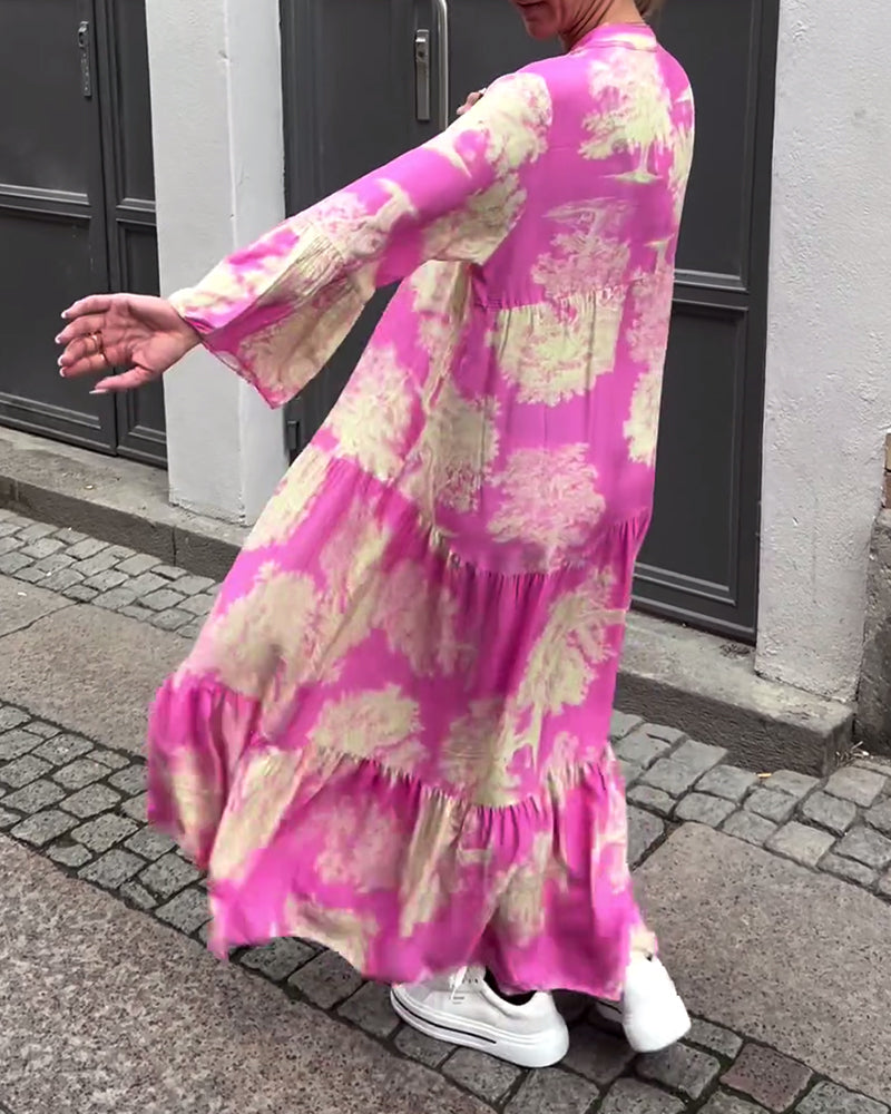 Robe patchwork ample imprimée à col en V et manches cloche