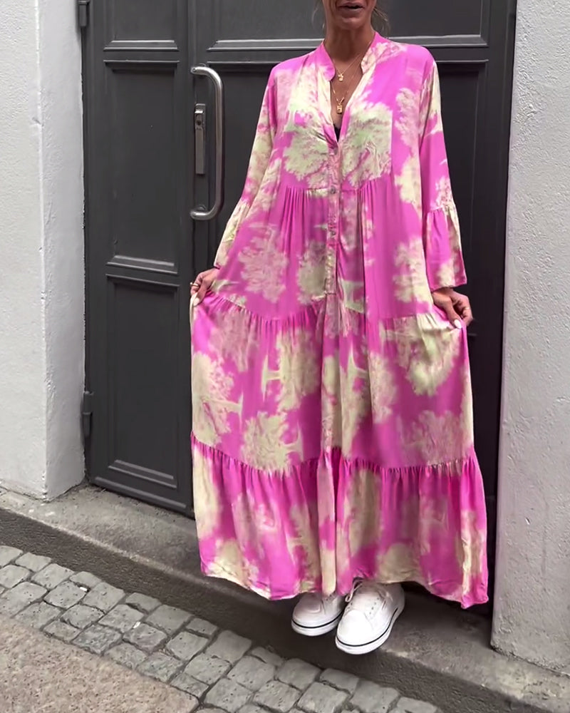 Robe patchwork ample imprimée à col en V et manches cloche