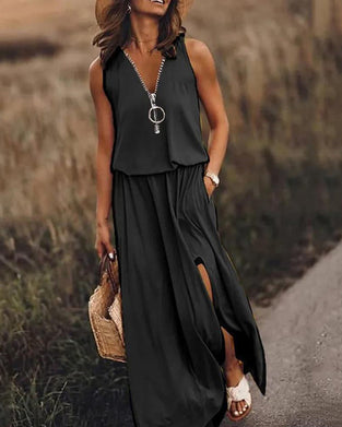 Robe de couleur unie avec fermeture éclair et fente