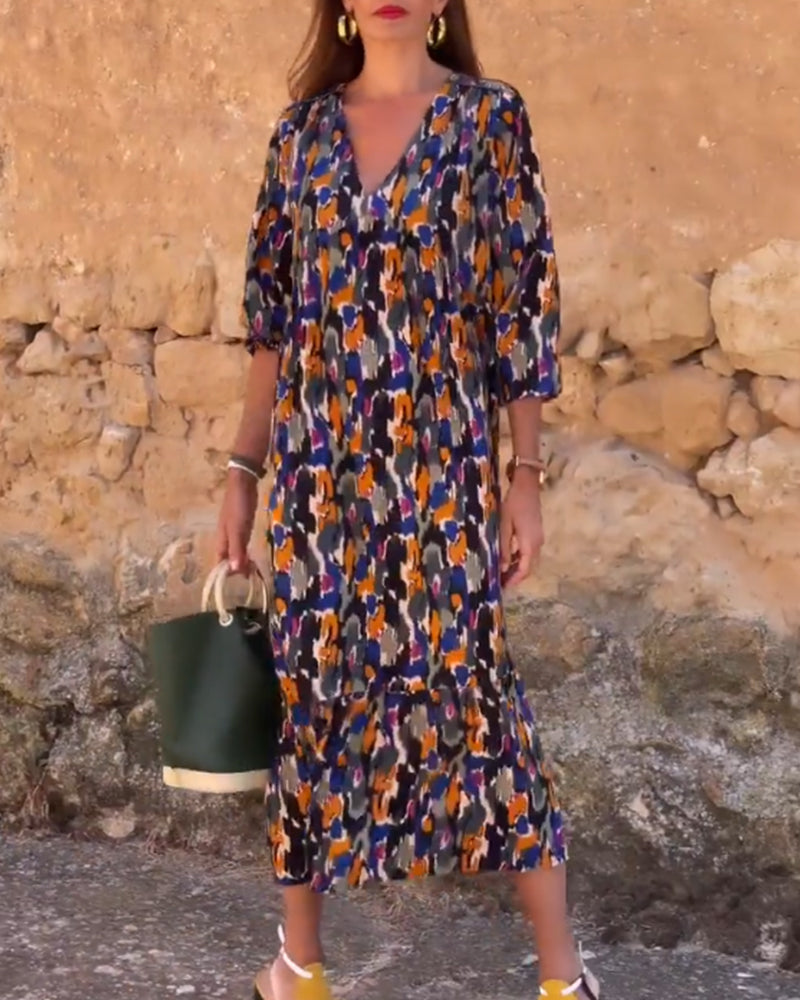 Robe col V imprimé rétro