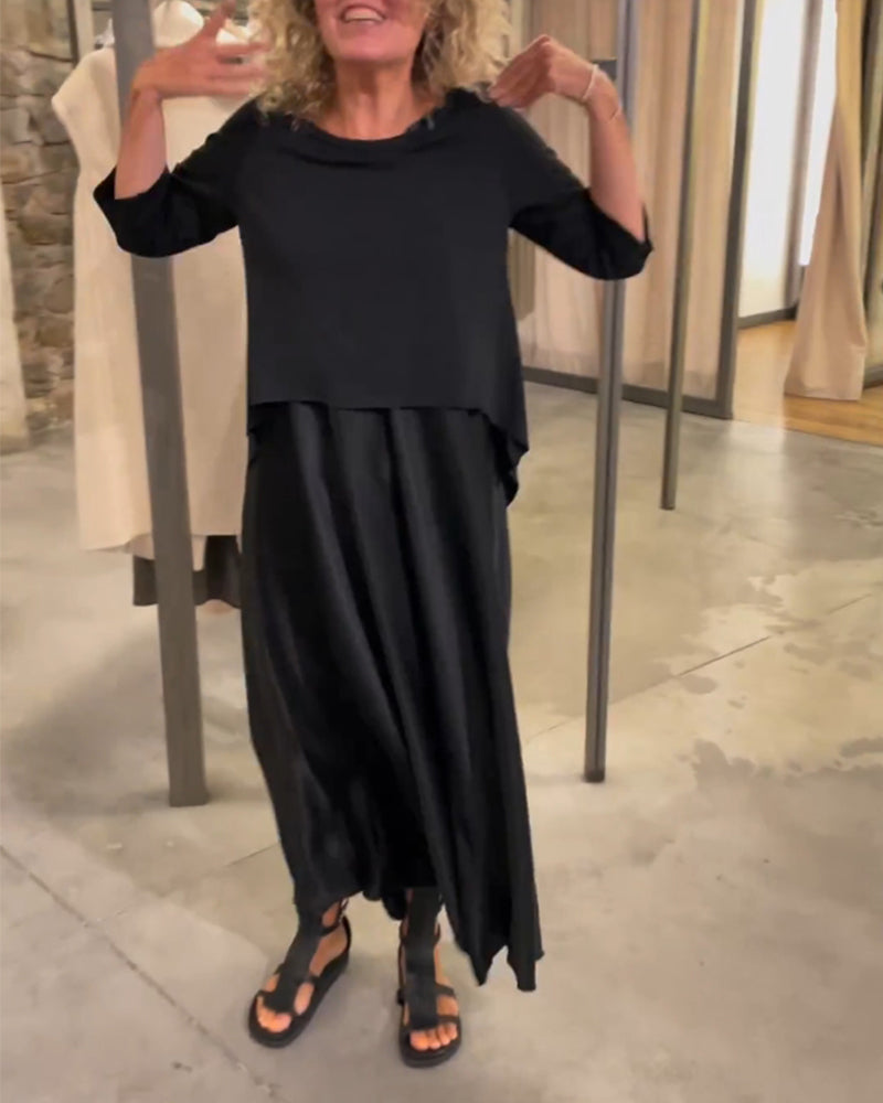Ensemble deux pièces avec robe à bretelles et haut de couleur unie