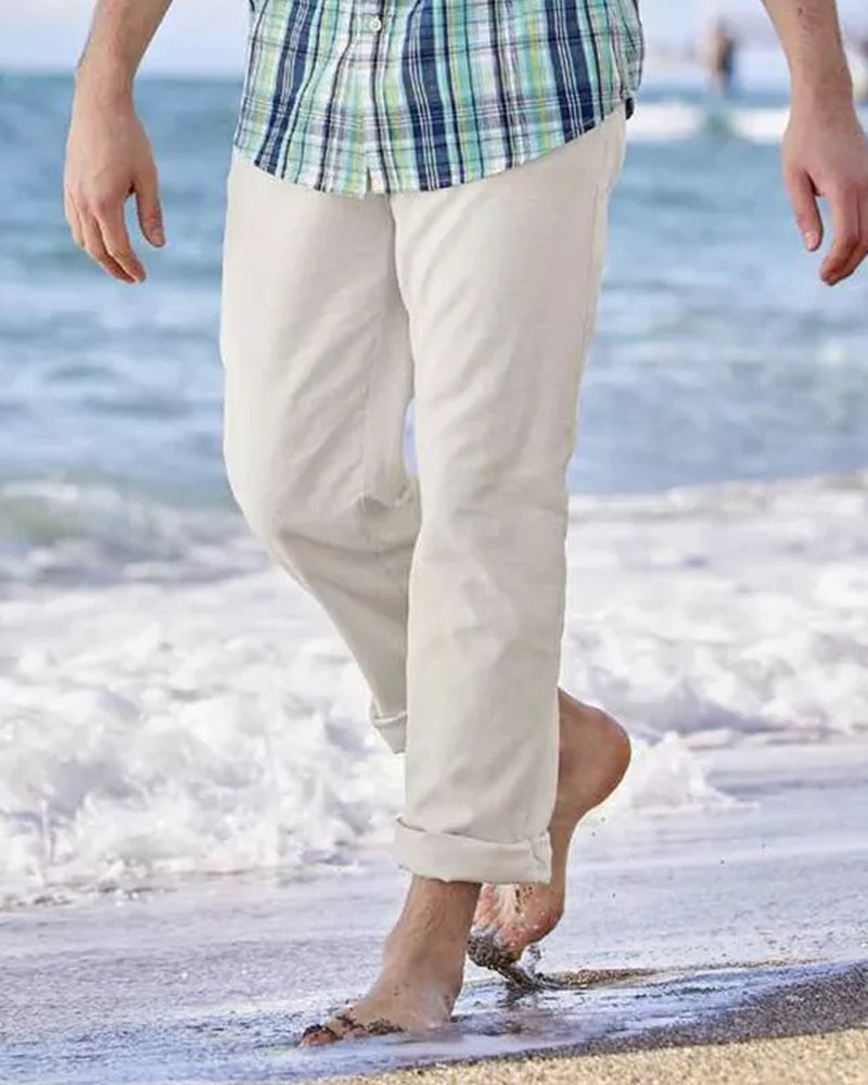 Pantalon de couleur unie respirant en coton lin