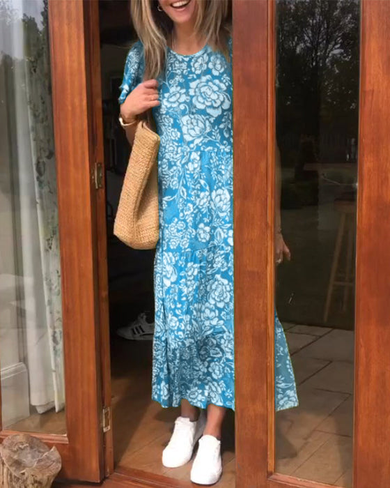 Robe longue à manches courtes imprimée de fleurs