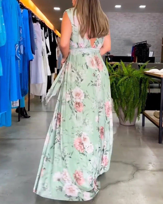 Robe élégante sans manches à col en V et imprimé floral