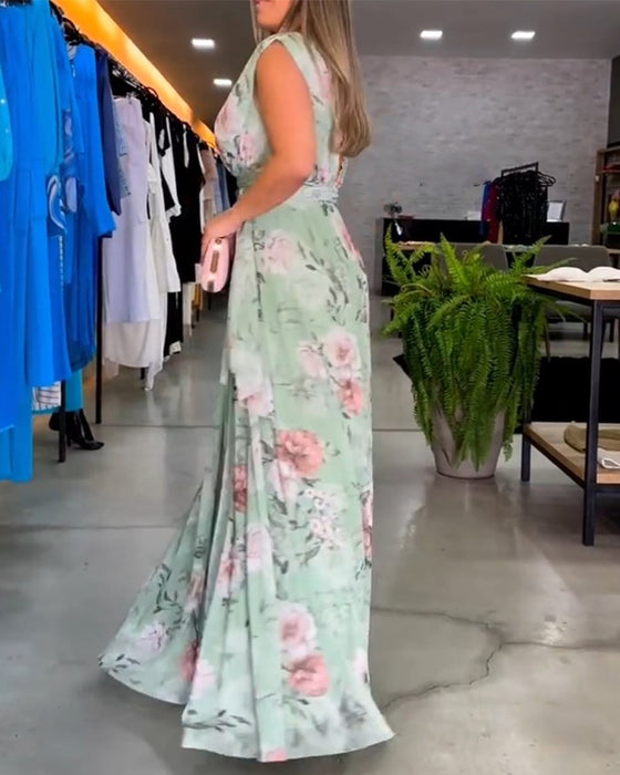 Robe élégante sans manches à col en V et imprimé floral