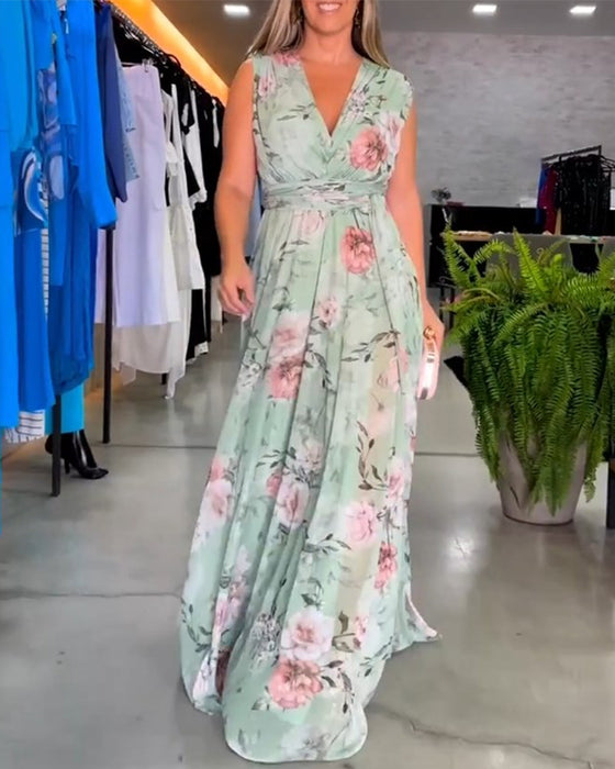 Robe élégante sans manches à col en V et imprimé floral