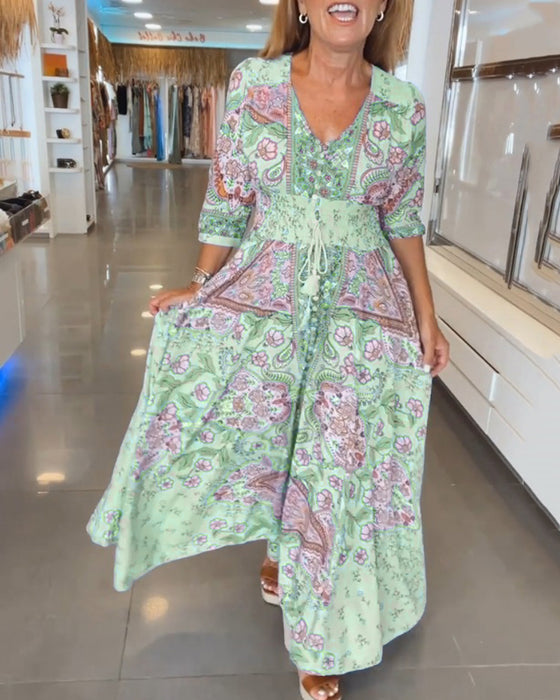 Robe de vacances à col en V et manches 3/4