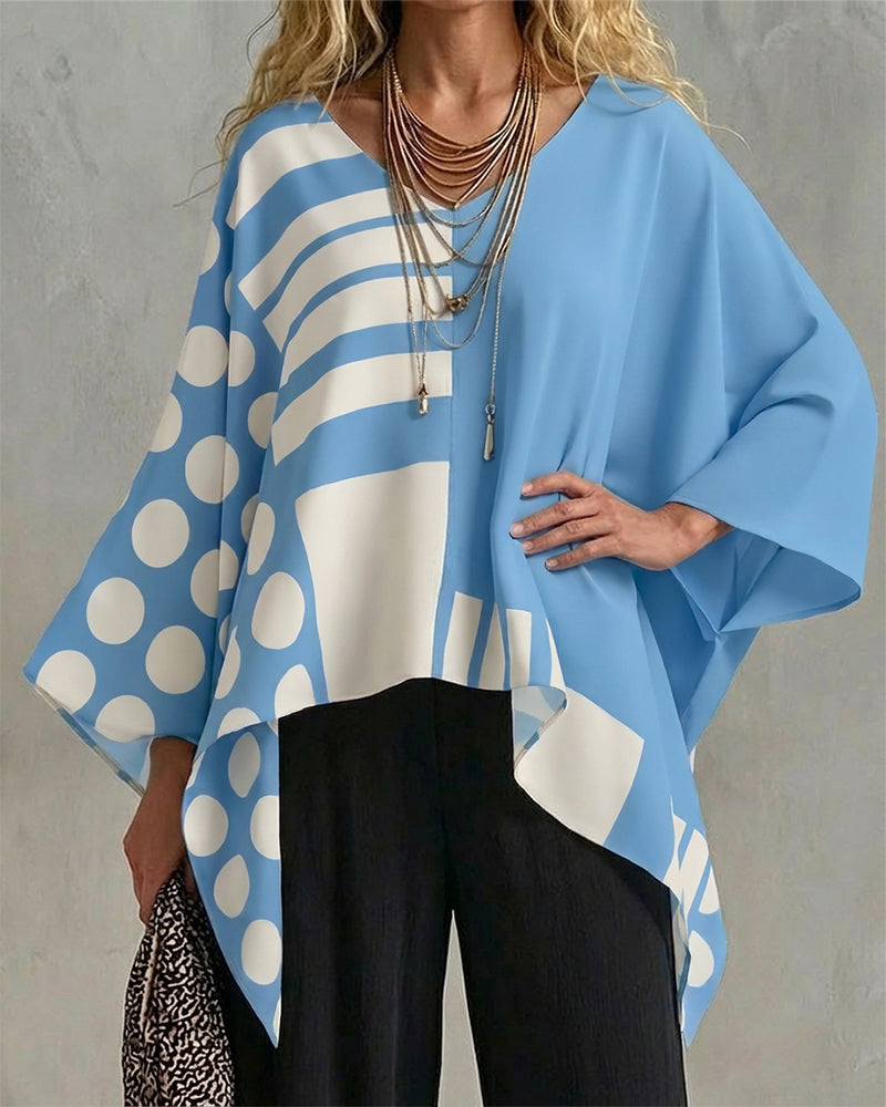 Blouse Polka Dot Rayure Patchwork V Encollure