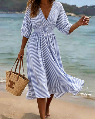 Robe Coupe A Rayée Manches Mi-Longues