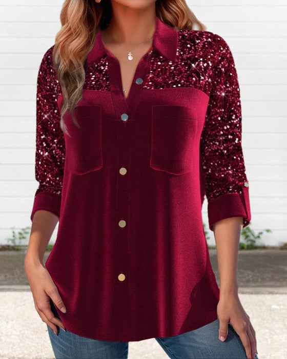Chemise à revers et boutons unis avec empiècement à paillettes
