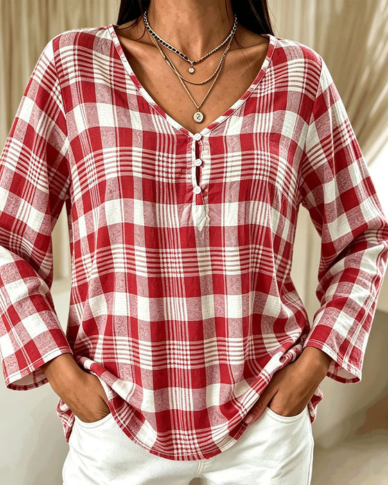 Blouse Élégante Col En V À Carreaux Manche Coude
