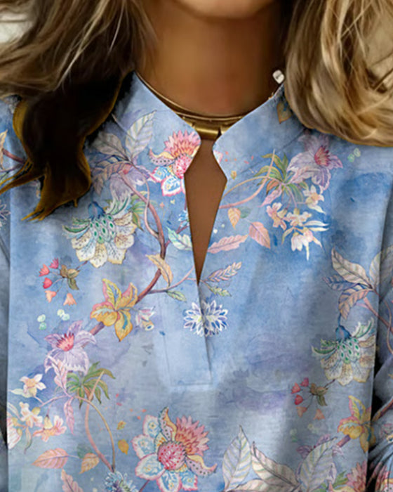 Blouse Col Monté Manches Longues Fleuri