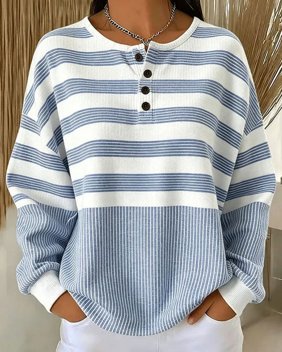 Sweatshirt Rayé Col Henley Manches Longues