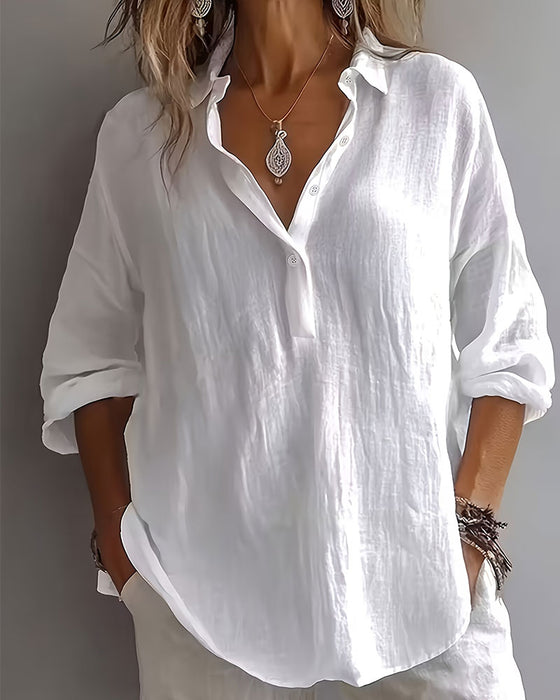 Blouse Unie Col Patte Demi-Patron Manches Longues