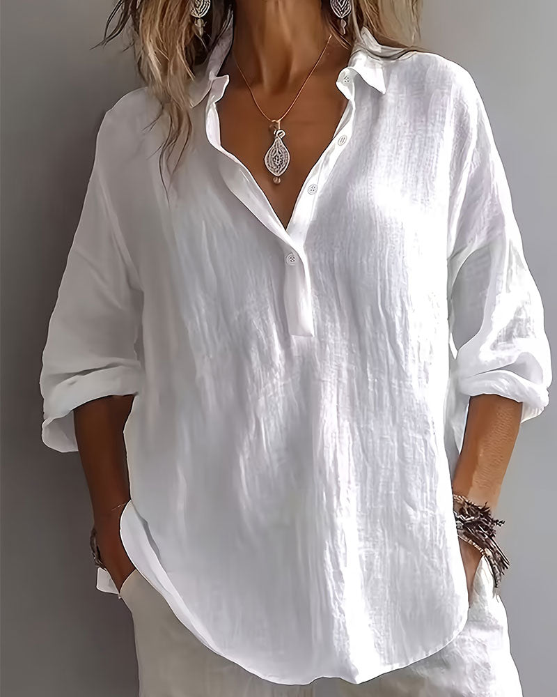Blouse Unie Col Patte Demi-Patron Manches Longues