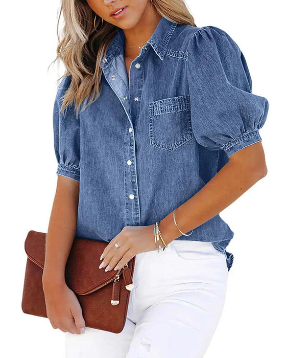 Chemise Bouton Pression Denim Manche Lanterne Lâche
