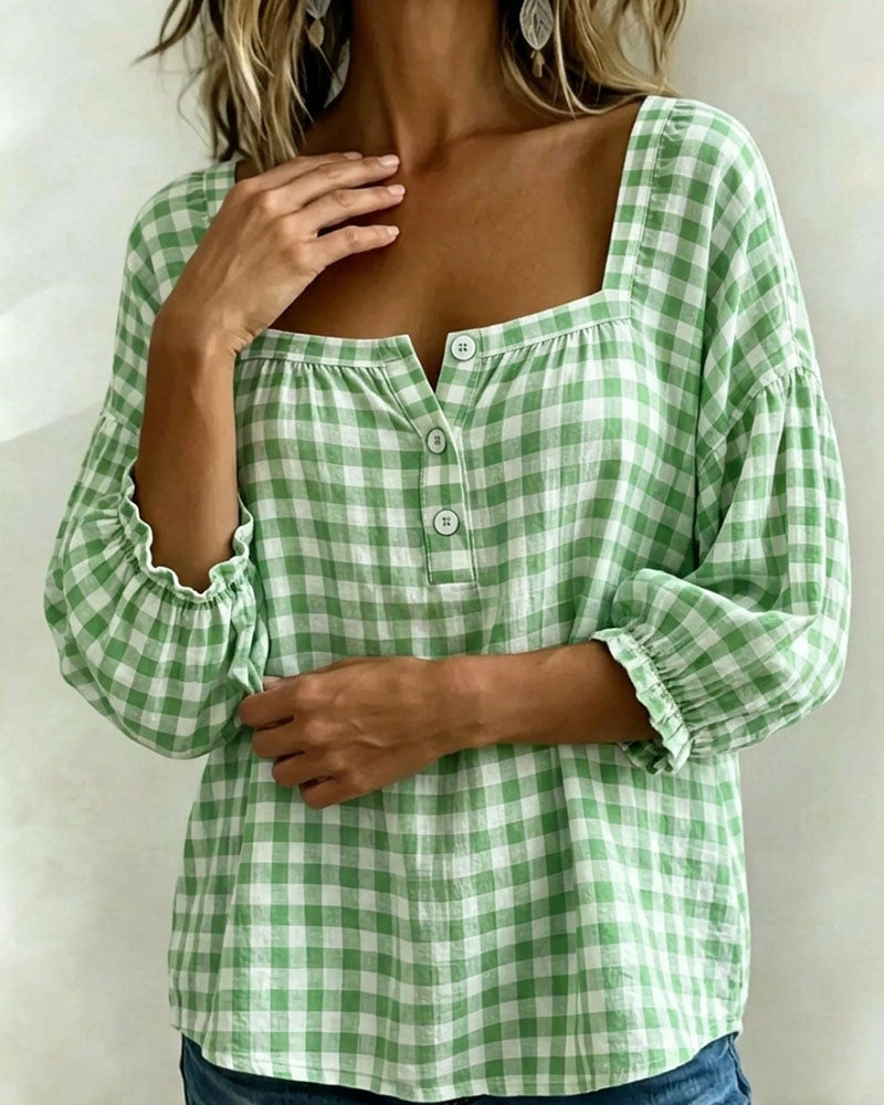 Blouse Col Carré Boutonnage Ecossais