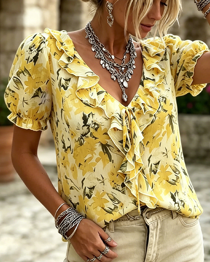 Blouse Col V Volant Manche Bouffante