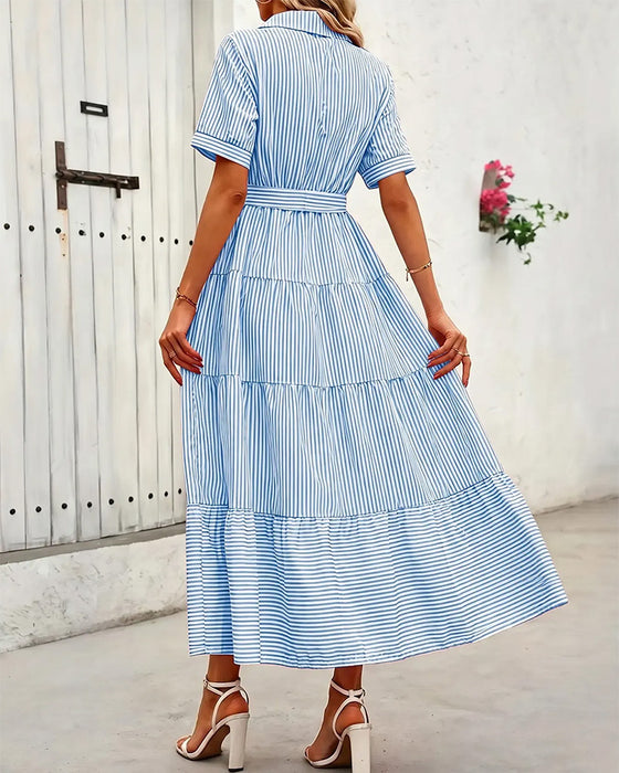 Robe Rayée Cintrée À Volants Chemise Maxi