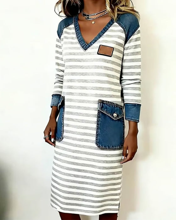Robe Mode Jean Patchwork Col En V