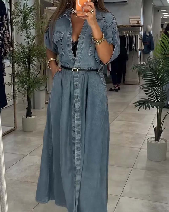 Robe Col Chemise Poche Bouton Denim