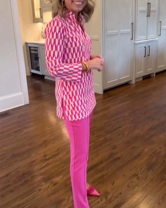 Haut imprimé à col montant et manches neuf-quarts