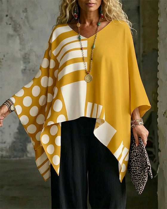 Blouse Polka Dot Rayure Patchwork V Encollure