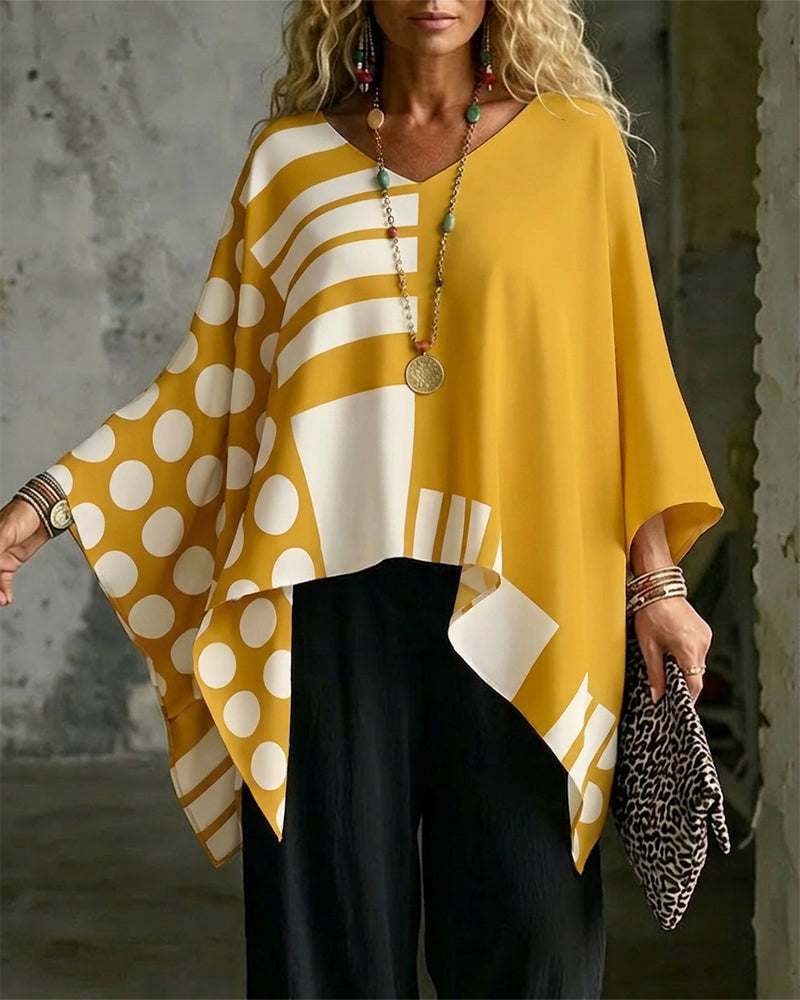 Blouse Polka Dot Rayure Patchwork V Encollure