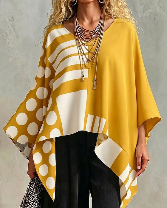 Blouse Polka Dot Rayure Patchwork V Encollure