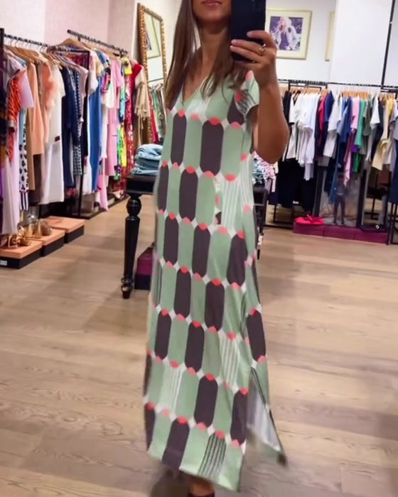 Robe Col En V Manches Courtes Jupe Ample